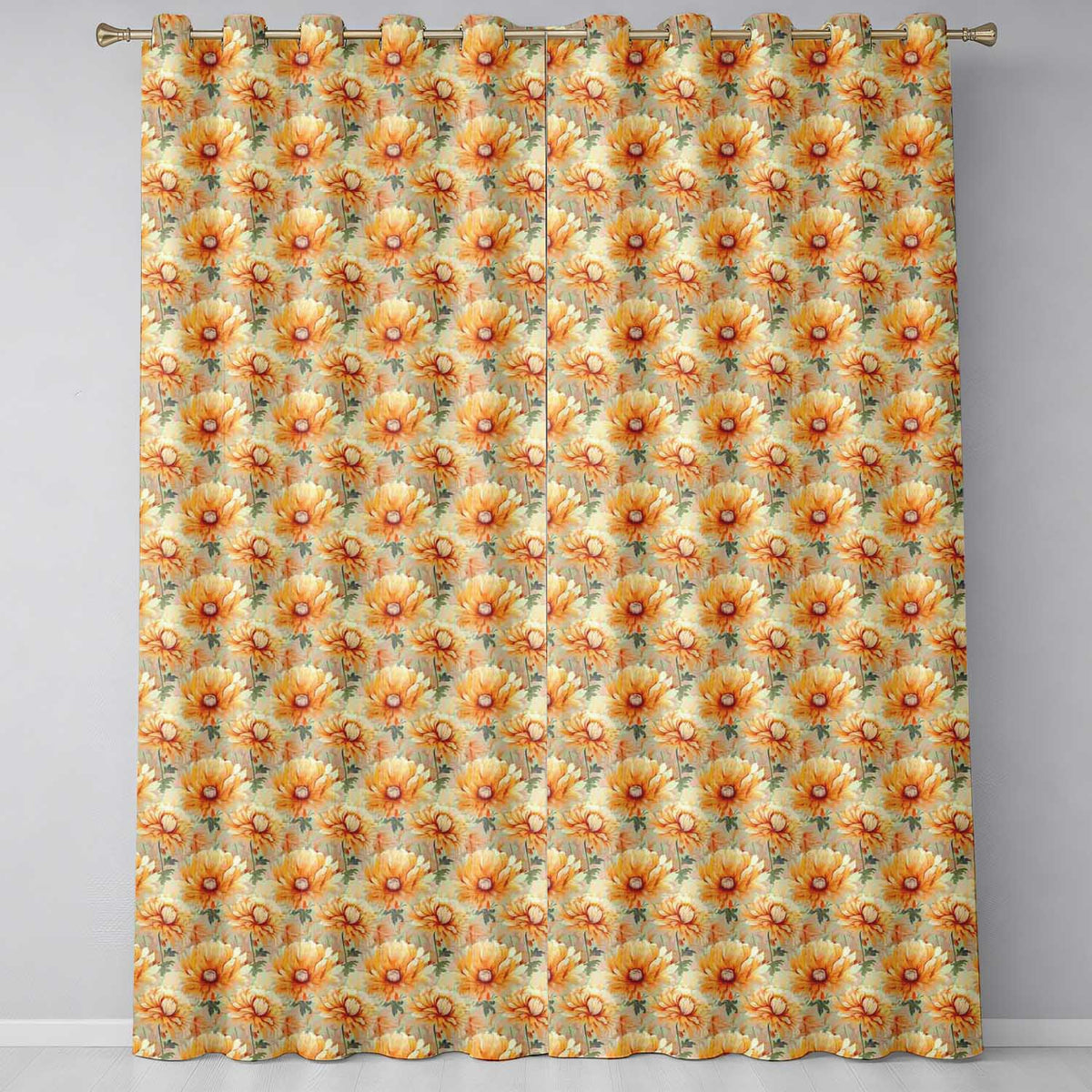 Dense Chrysanthemum Floral Pattern in Orange and Cream on Black Background Readymade Eyelet Ring Top Thermal 100% Blackout Curtains