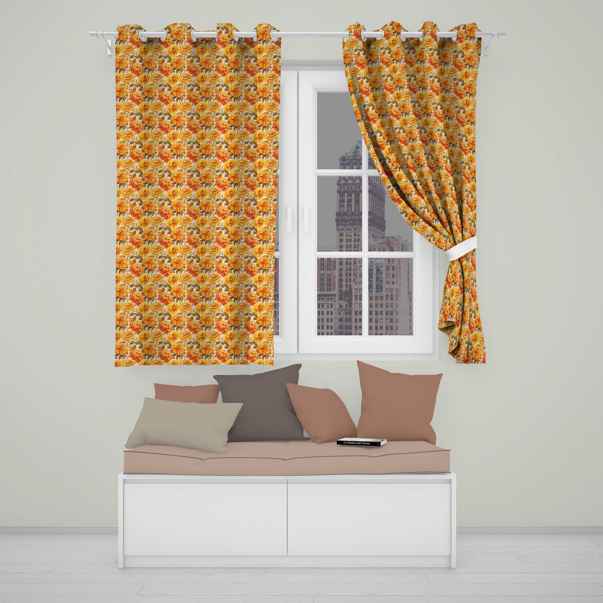 Classic Autumn Chrysanthemum Floral Pattern in Orange and Gold Tones Readymade Eyelet Ring Top Thermal 100% Blackout Curtains