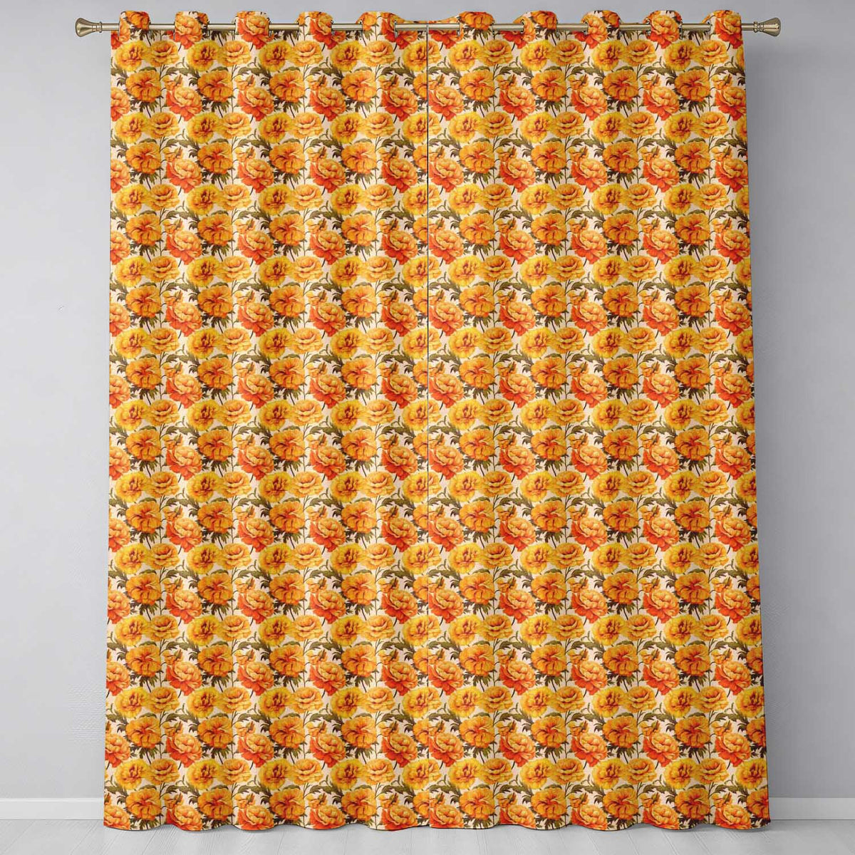 Classic Autumn Chrysanthemum Floral Pattern in Orange and Gold Tones Readymade Eyelet Ring Top Thermal 100% Blackout Curtains