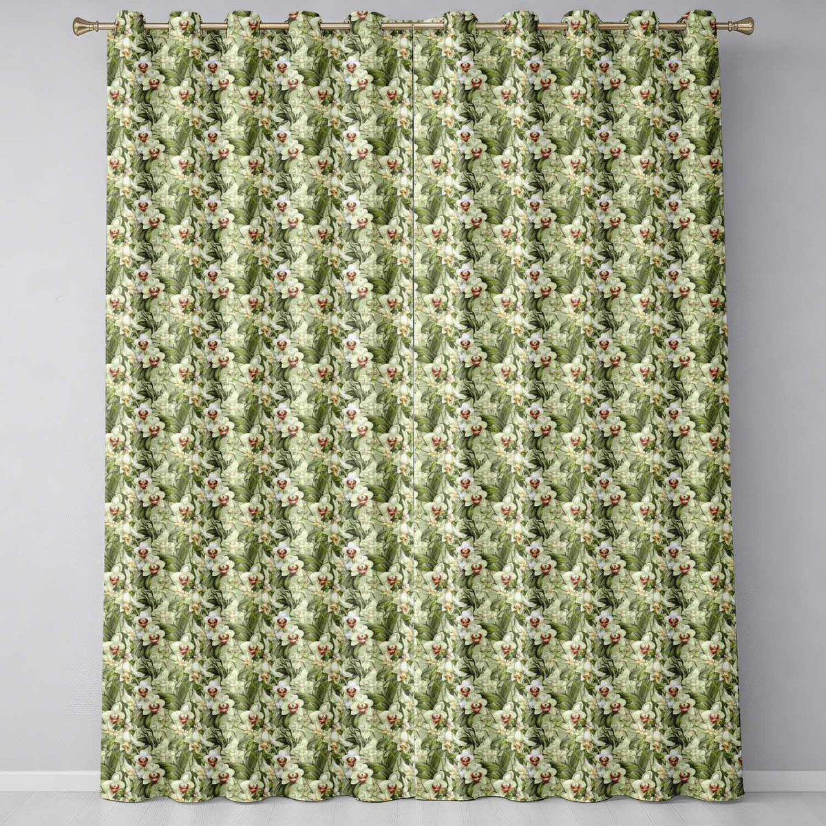 Classic White Orchid Blossom Pattern on Soft Beige Background Readymade Eyelet Ring Top Thermal 100% Blackout Curtains
