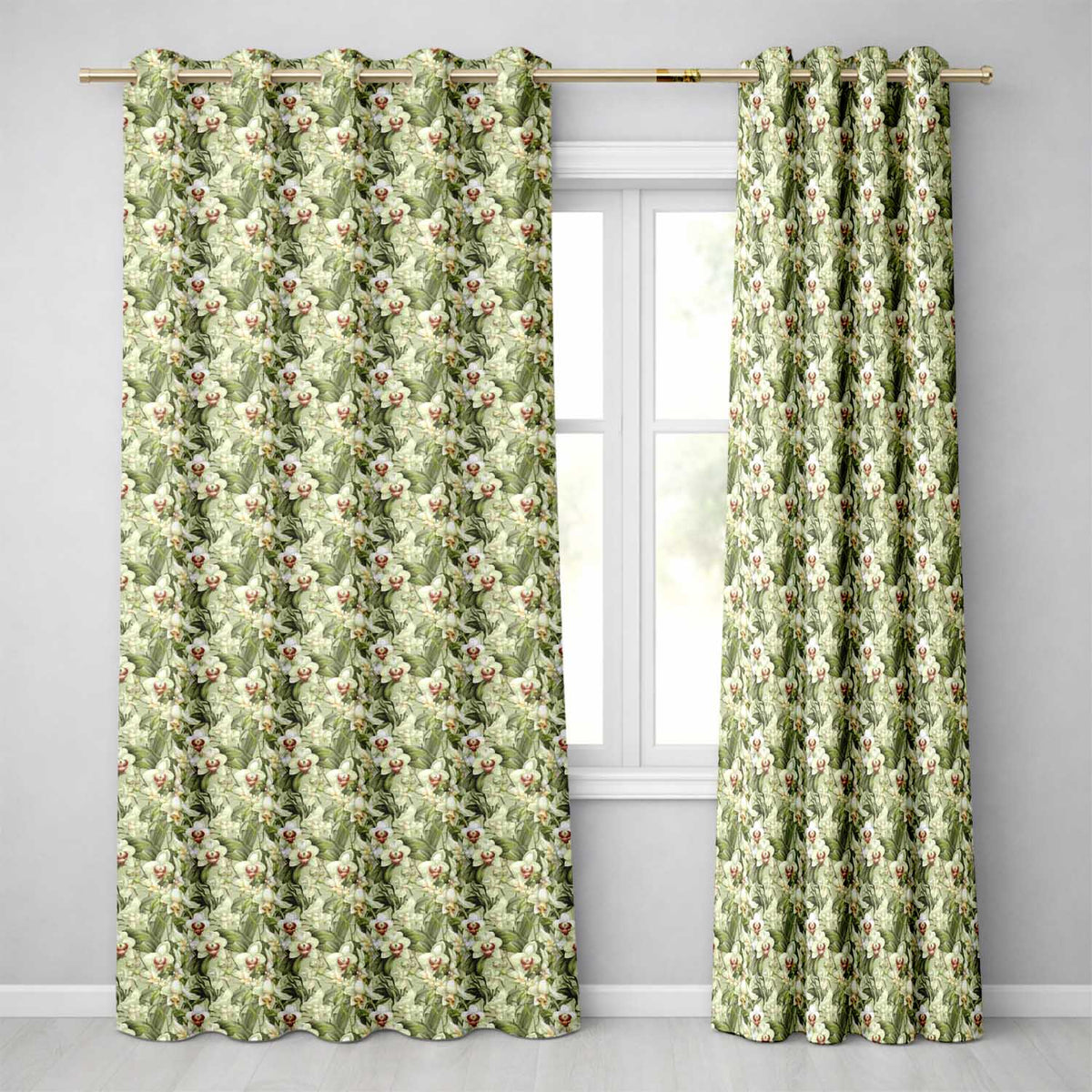Classic White Orchid Blossom Pattern on Soft Beige Background Readymade Eyelet Ring Top Thermal 100% Blackout Curtains