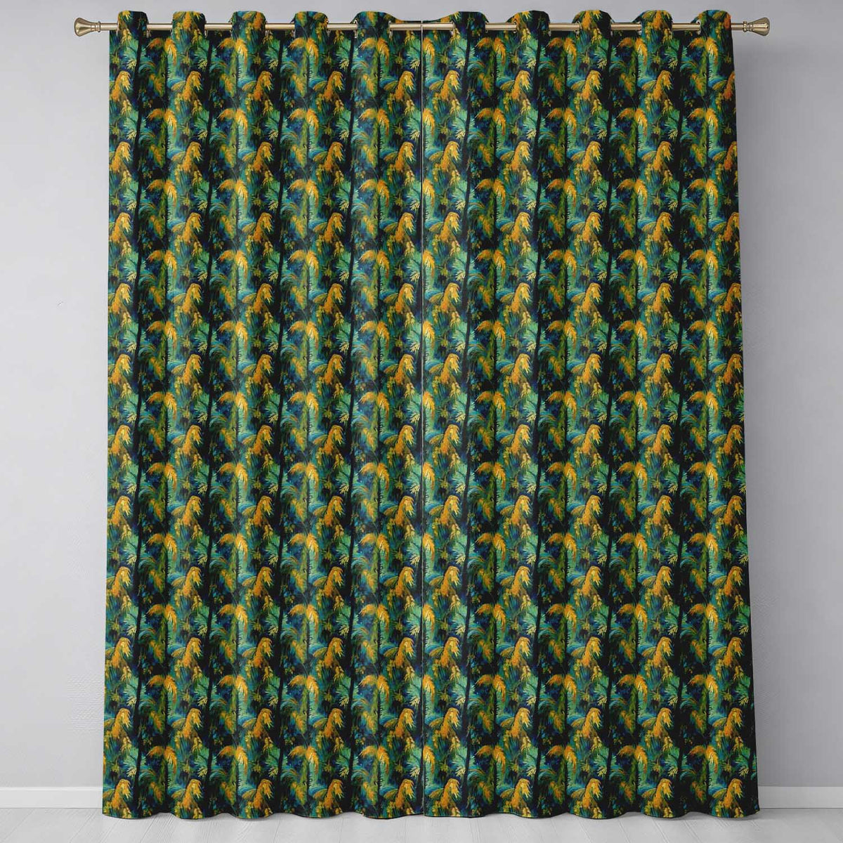 Bold Painterly Tropical Palm Leaves in Teal and Mustard Artistic Jungle Pattern Readymade Eyelet Ring Top Thermal 100% Blackout Curtains