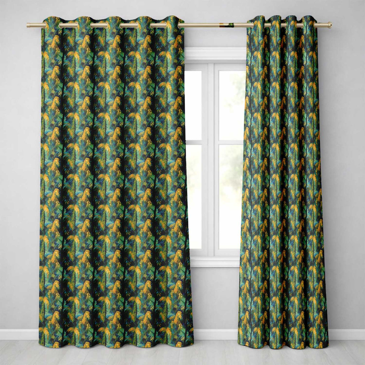 Bold Painterly Tropical Palm Leaves in Teal and Mustard Artistic Jungle Pattern Readymade Eyelet Ring Top Thermal 100% Blackout Curtains