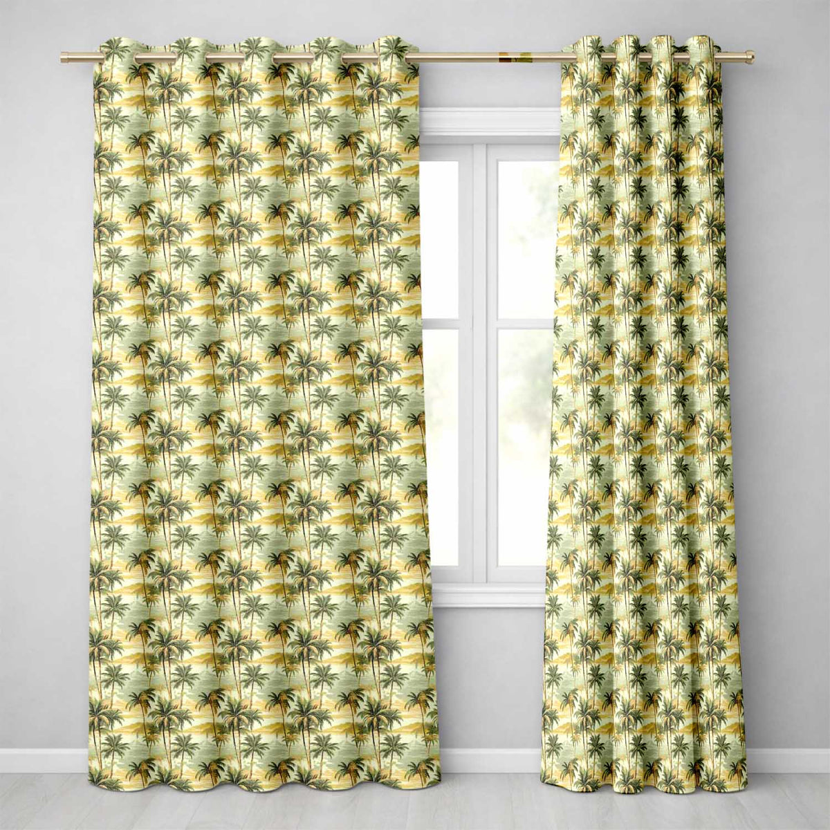 Warm Brown Vintage Palm Tree Repeat Pattern on Aged Beige Background Readymade Eyelet Ring Top Thermal 100% Blackout Curtains