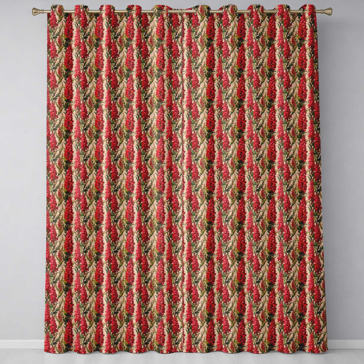 Bold Red Floral Vertical Stripe Pattern with Green Leaves on Neutral Background Readymade Eyelet Ring Top Thermal 100% Blackout Curtains