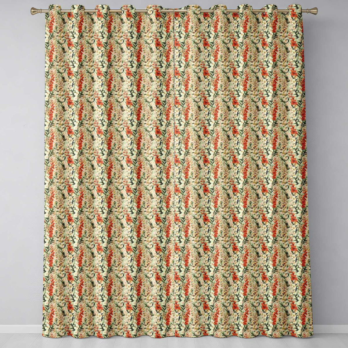 Vintage Neutral Floral Stripe Pattern with Burnt Orange and Cream Flowers Readymade Eyelet Ring Top Thermal 100% Blackout Curtains