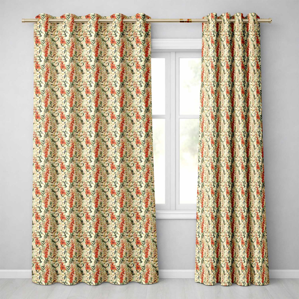 Vintage Neutral Floral Stripe Pattern with Burnt Orange and Cream Flowers Readymade Eyelet Ring Top Thermal 100% Blackout Curtains