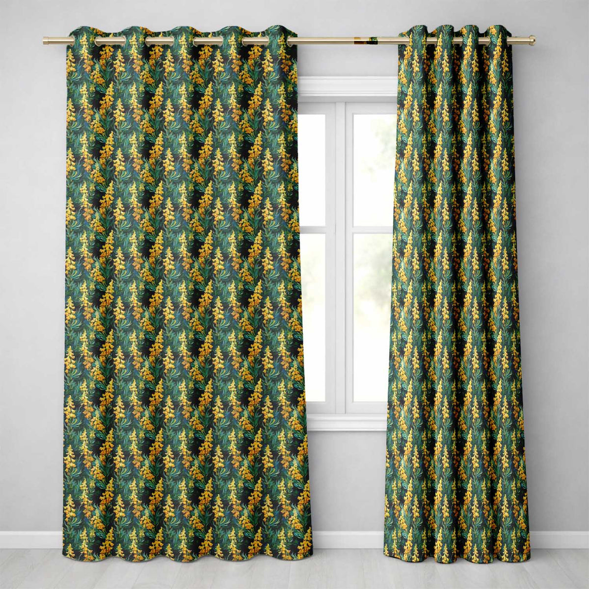Rich Dark Botanical Pattern with Golden Yellow Flowers on Deep Green Background Readymade Eyelet Ring Top Thermal 100% Blackout Curtains