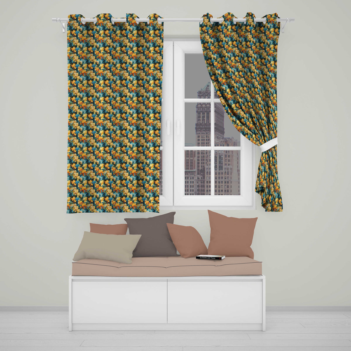 Colorful Iris Floral Seamless Pattern in Blue and Yellow on Dark Background Readymade Eyelet Ring Top Thermal 100% Blackout Curtains