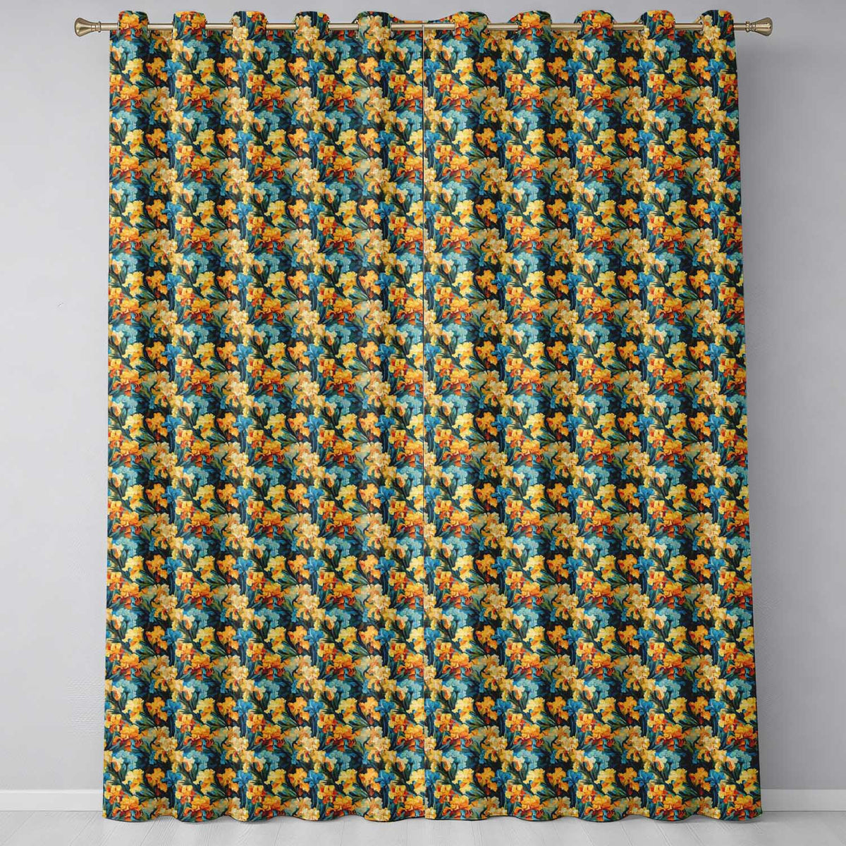 Colorful Iris Floral Seamless Pattern in Blue and Yellow on Dark Background Readymade Eyelet Ring Top Thermal 100% Blackout Curtains