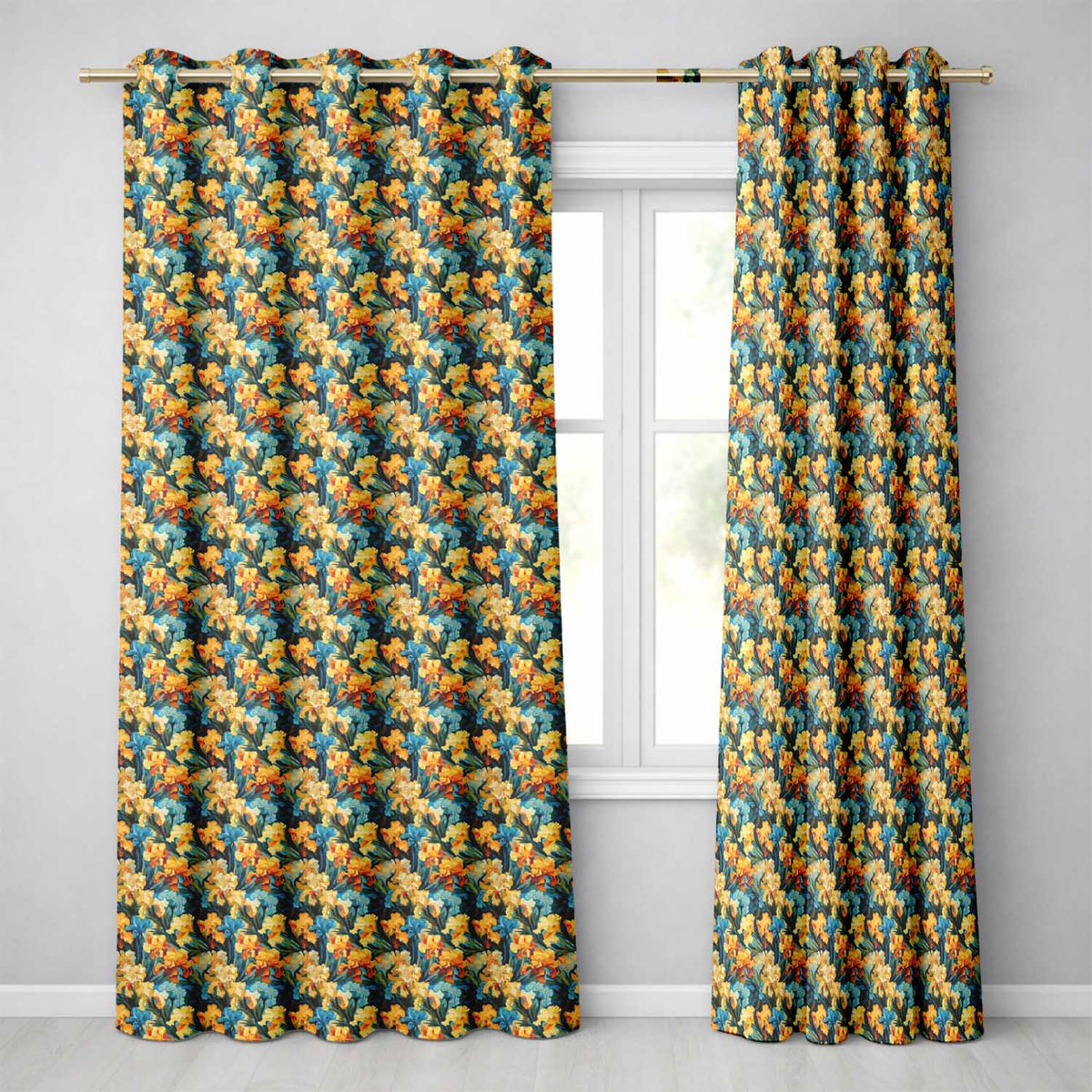 Colorful Iris Floral Seamless Pattern in Blue and Yellow on Dark Background Readymade Eyelet Ring Top Thermal 100% Blackout Curtains