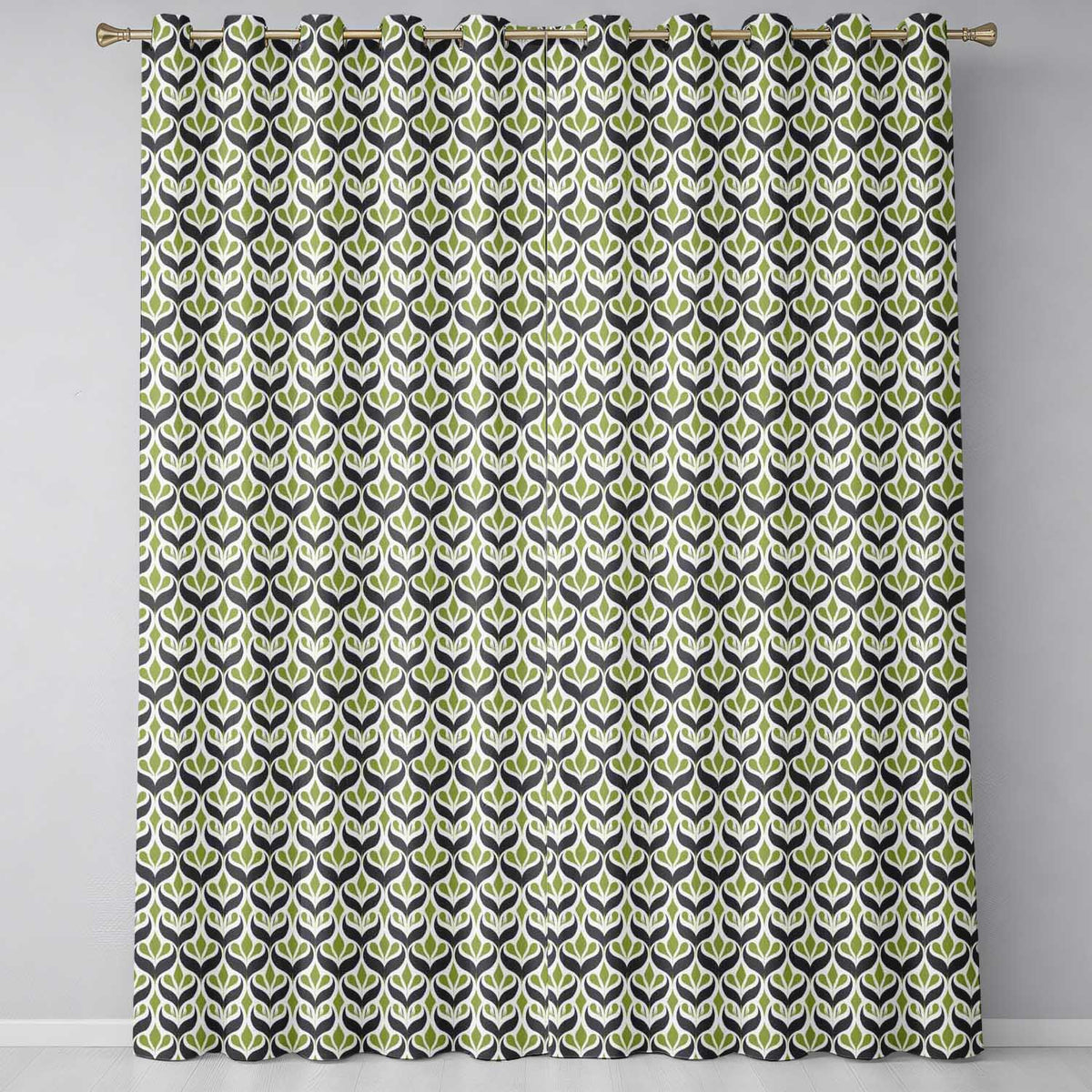 Olive and Black Floral Damask Seamless Pattern Mid Century Style Readymade Eyelet Ring Top Thermal 100% Blackout Curtains
