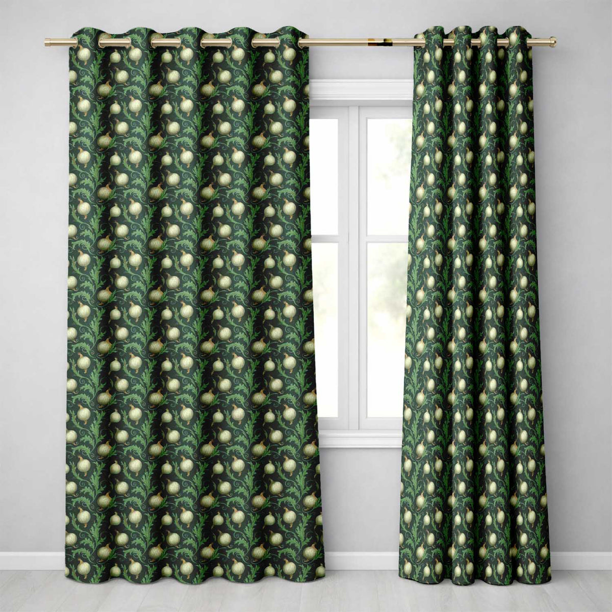 Dark Green Ornate Onion Botanical Pattern Vintage Floral Style Readymade Eyelet Ring Top Thermal 100% Blackout Curtains