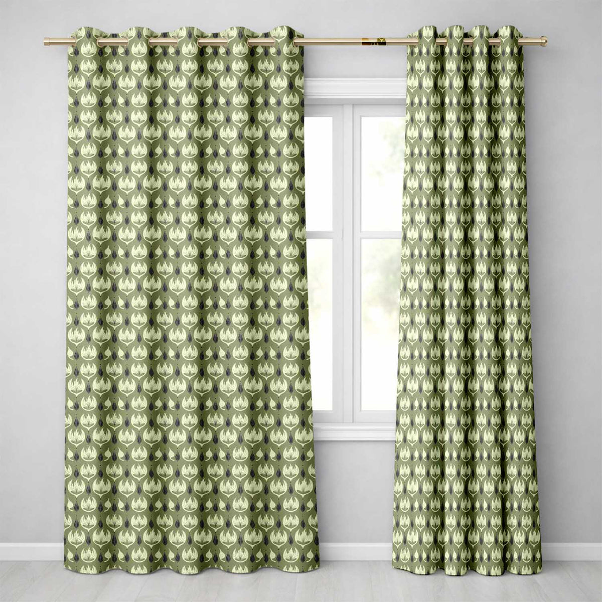 Olive Green Abstract Onion Floral Pattern Mid Century Modern Design Readymade Eyelet Ring Top Thermal 100% Blackout Curtains