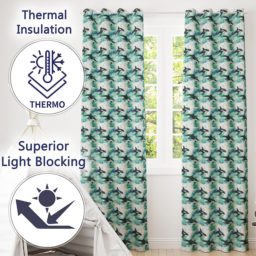 Orca Whale Forest Coastal Seamless Pattern Nature Ocean Fusion Design Readymade Eyelet Ring Top Thermal 100% Blackout Curtains