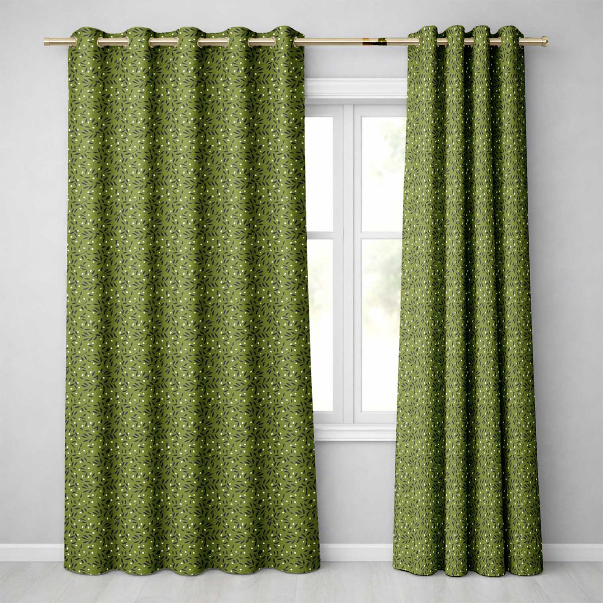 Green Olive Leaf Scatter Seamless Pattern Organic Nature Design Readymade Eyelet Ring Top Thermal 100% Blackout Curtains