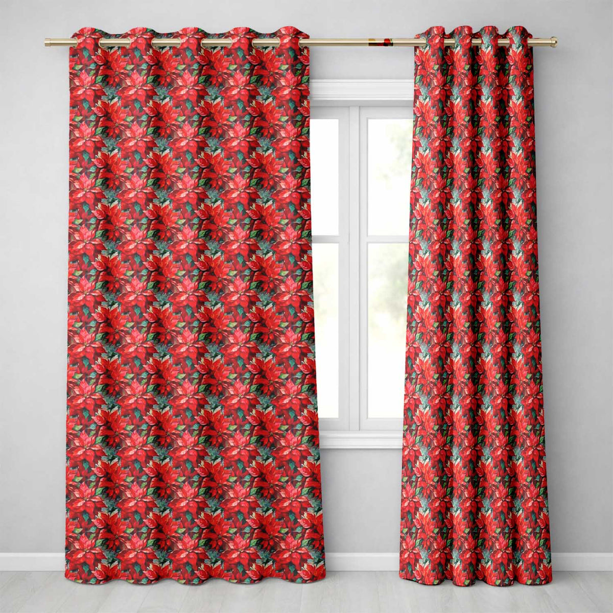 Elegant Poinsettia and Foliage Christmas Seamless Pattern Readymade Eyelet Ring Top Thermal 100% Blackout Curtains