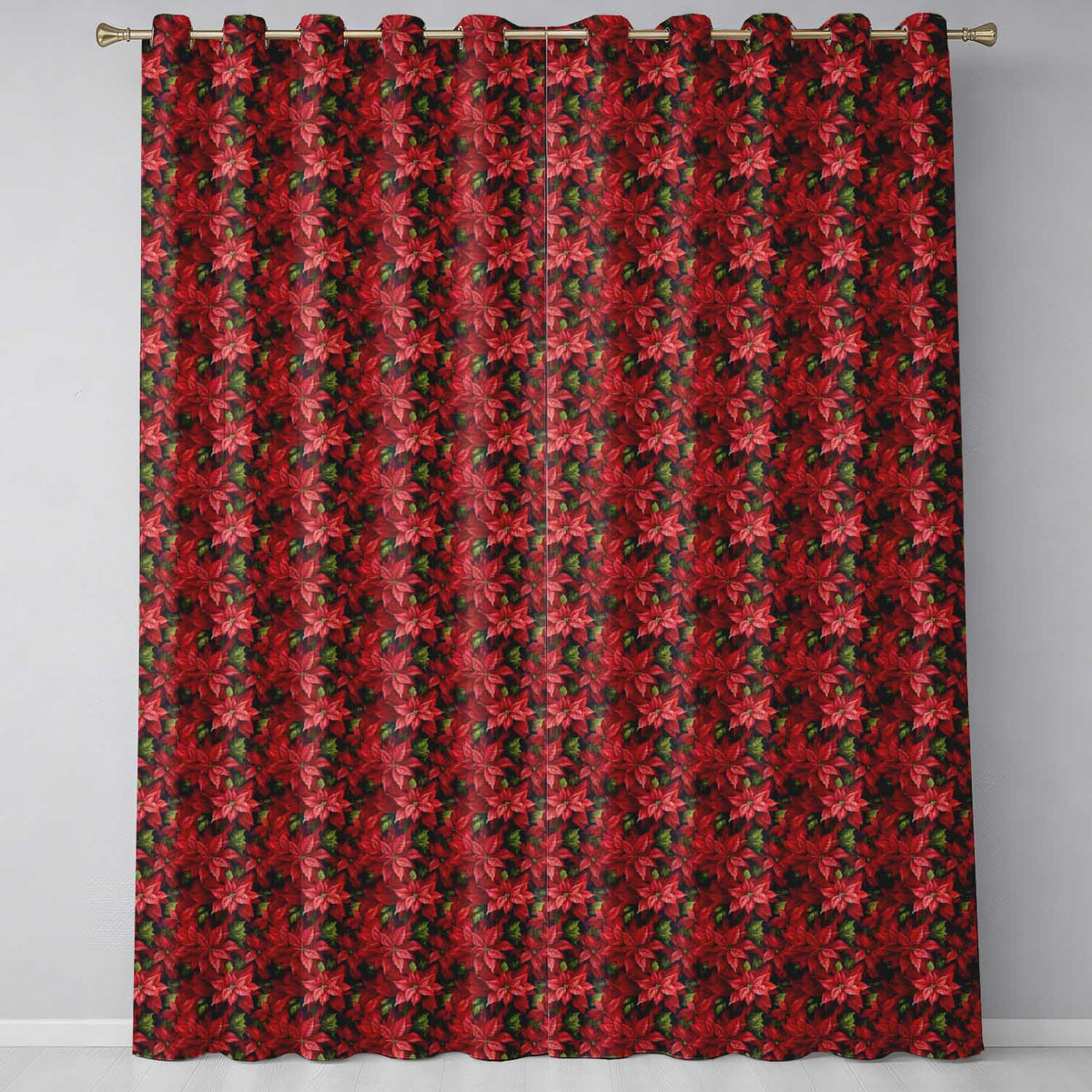 Rich Red Poinsettia Dense Floral Festive Christmas Botanical Design Readymade Eyelet Ring Top Thermal 100% Blackout Curtains