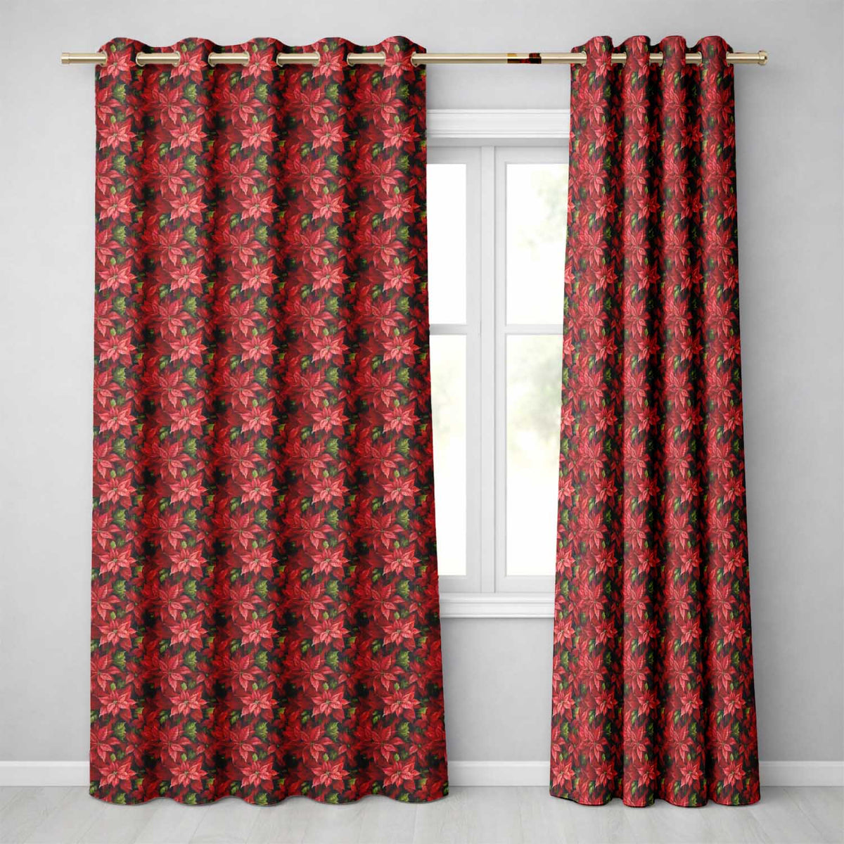 Rich Red Poinsettia Dense Floral Festive Christmas Botanical Design Readymade Eyelet Ring Top Thermal 100% Blackout Curtains