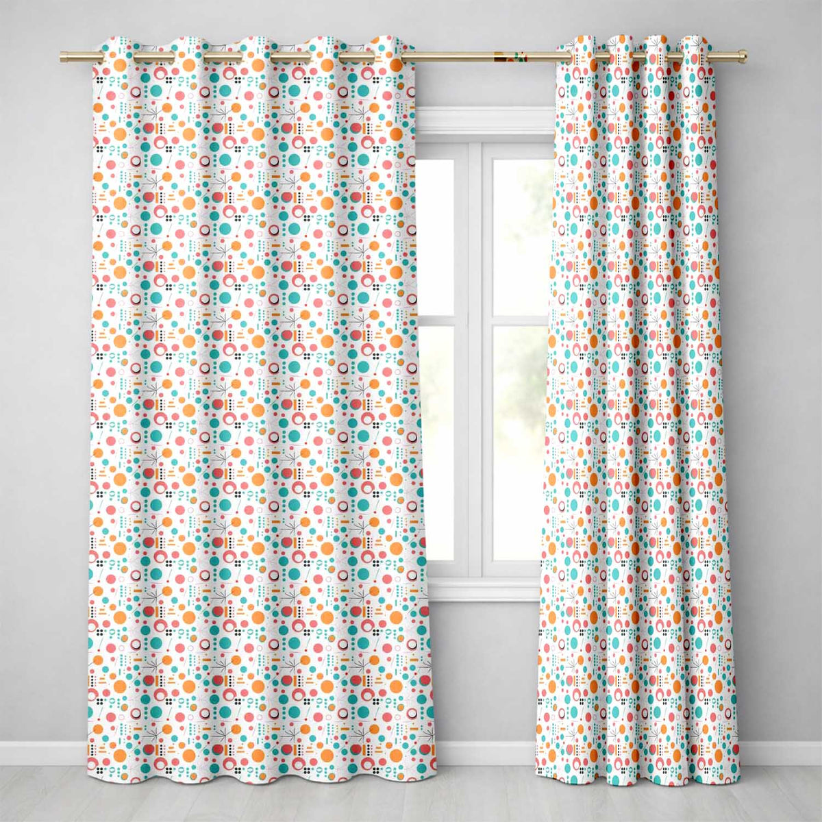Mid Century Modern Geometric Circles and Lines Colour Palette Readymade Eyelet Ring Top Thermal 100% Blackout Curtains