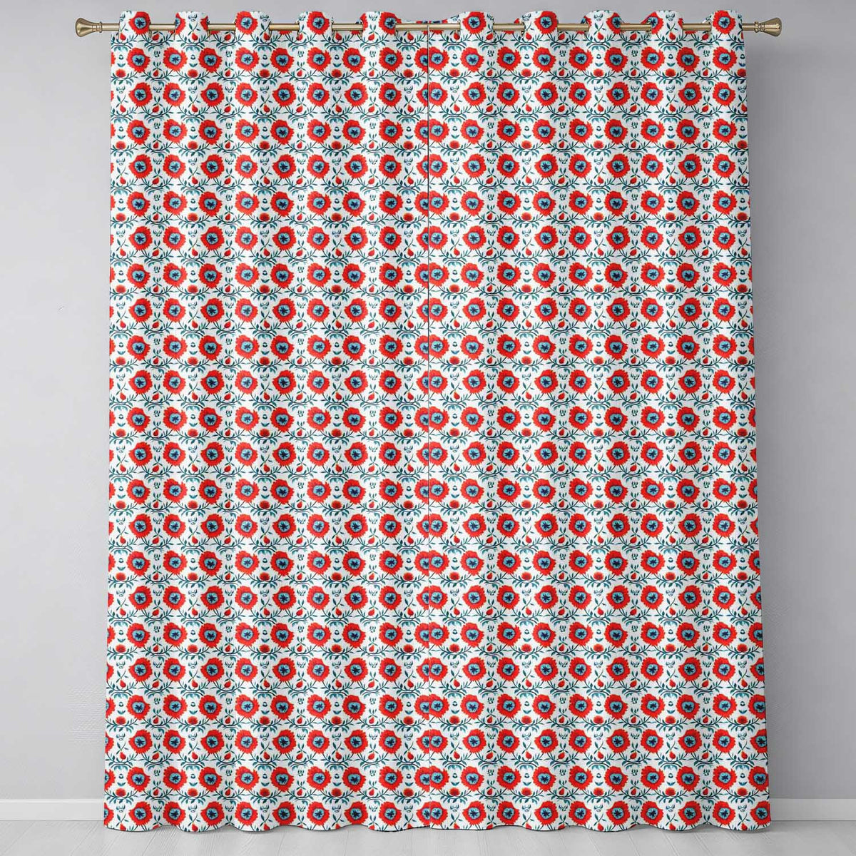 Folk Art Floral Pattern Red Flowers Scandinavian Style Seamless Design Readymade Eyelet Ring Top Thermal 100% Blackout Curtains