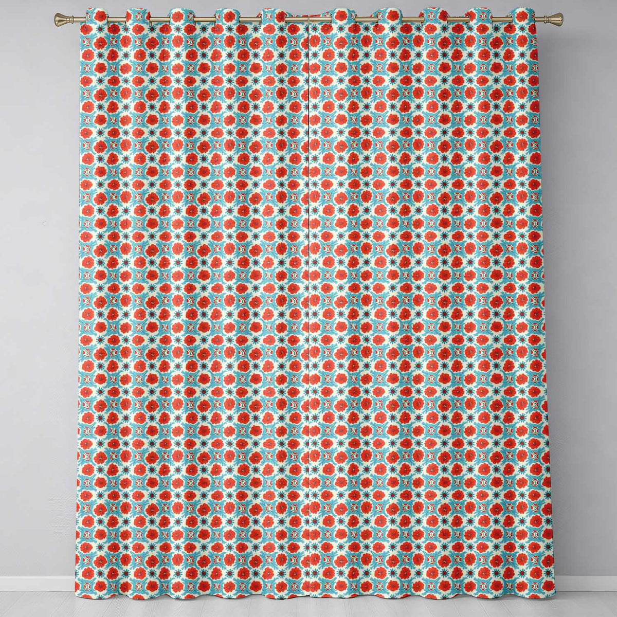 Floral Tile Pattern Red and Blue Geometric Botanical Seamless Design Readymade Eyelet Ring Top Thermal 100% Blackout Curtains