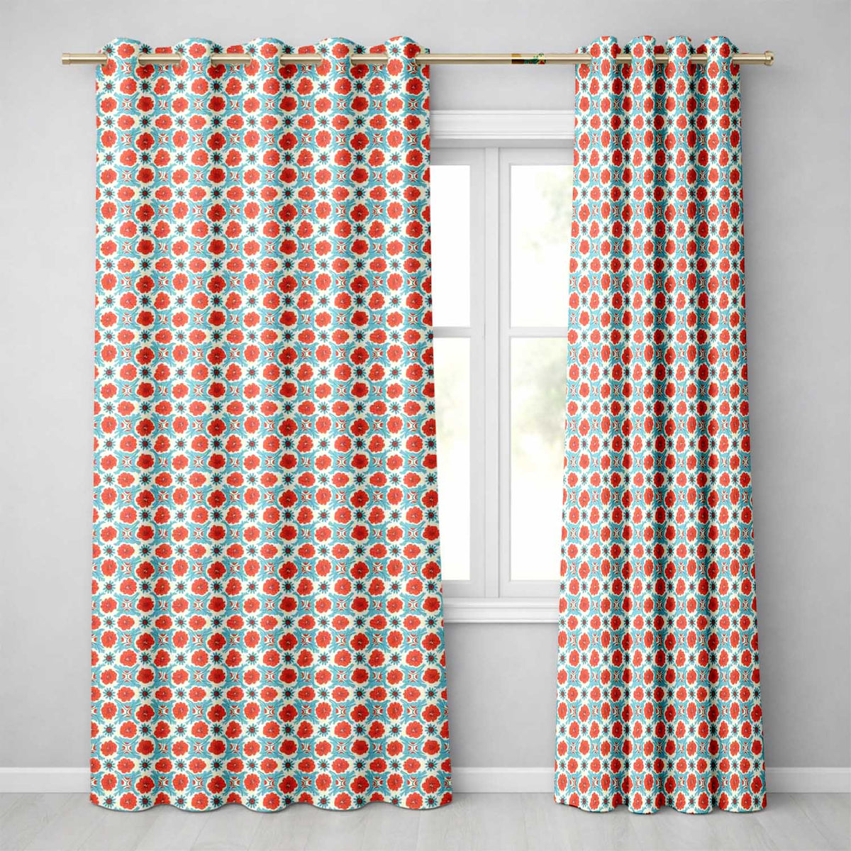 Floral Tile Pattern Red and Blue Geometric Botanical Seamless Design Readymade Eyelet Ring Top Thermal 100% Blackout Curtains