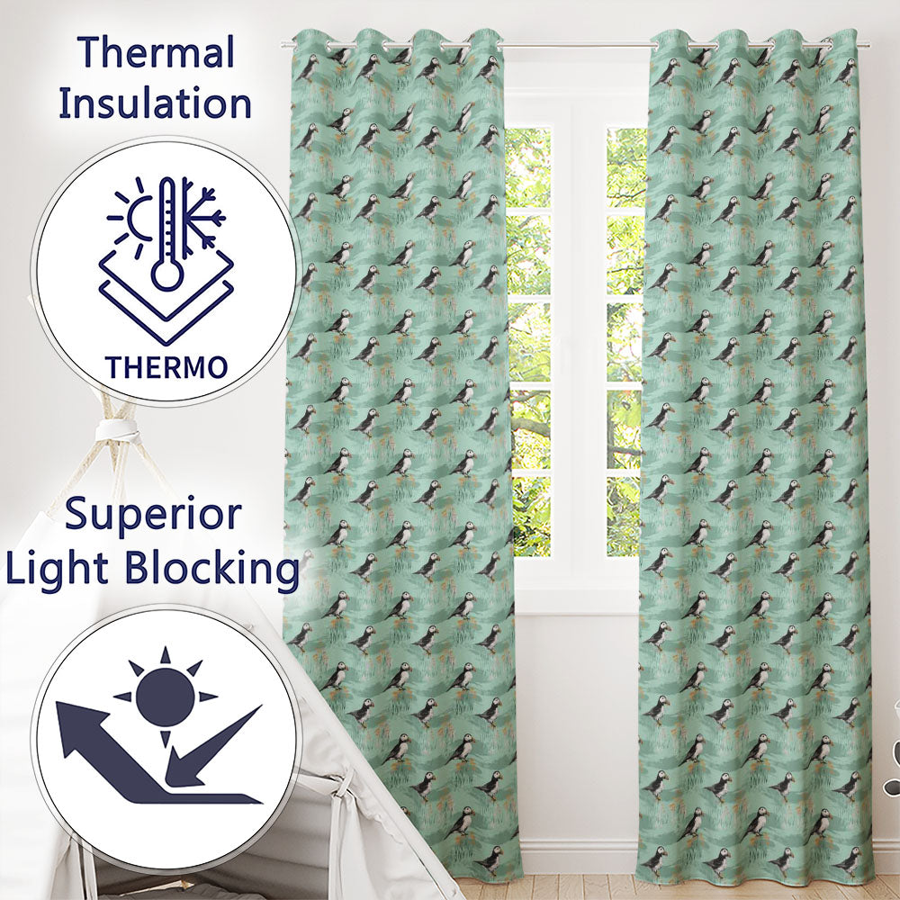 Watercolor Puffin Meadow Pattern Soft Wildflower Landscape Seamless Design Readymade Eyelet Ring Top Thermal 100% Blackout Curtains