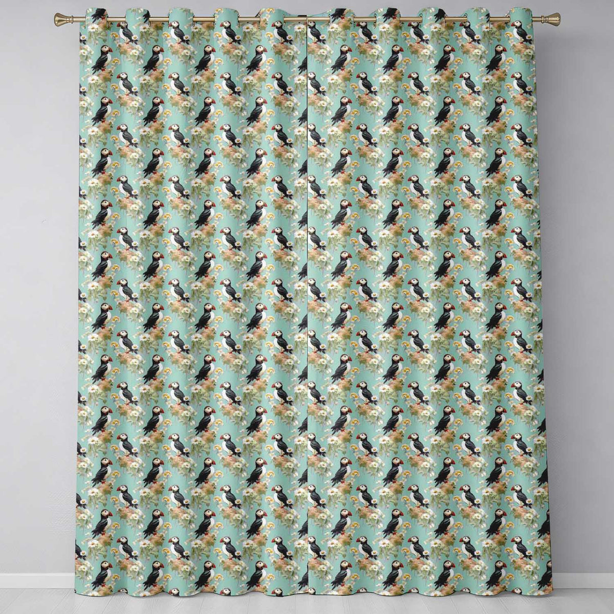 Puffin and Wildflower Garden Pattern Nature Inspired Seamless Design Readymade Eyelet Ring Top Thermal 100% Blackout Curtains