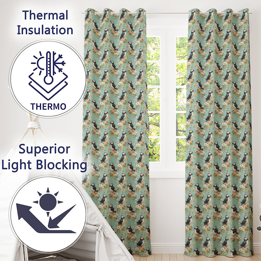 Puffin and Wildflower Garden Pattern Nature Inspired Seamless Design Readymade Eyelet Ring Top Thermal 100% Blackout Curtains