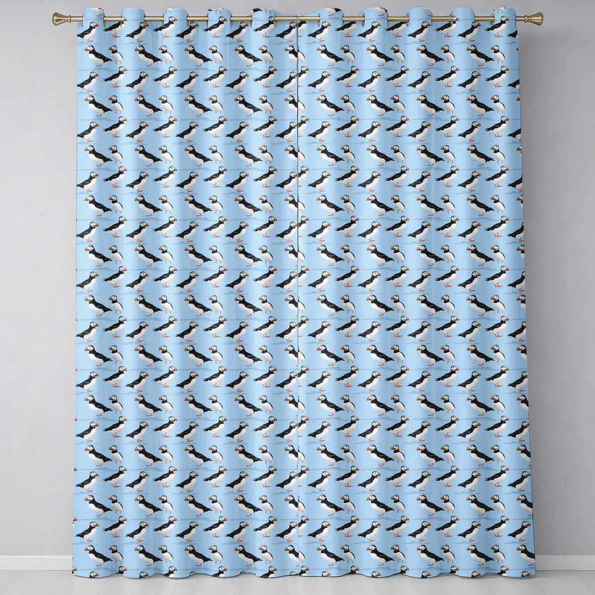 Minimal Puffin Bird Pattern Clean Blue Background Seamless Design Readymade Eyelet Ring Top Thermal 100% Blackout Curtains