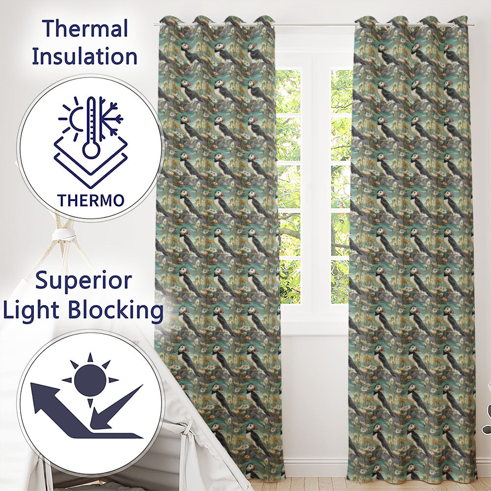 Puffin Coastal Landscape Pattern Scenic Nature Seamless Design Readymade Eyelet Ring Top Thermal 100% Blackout Curtains