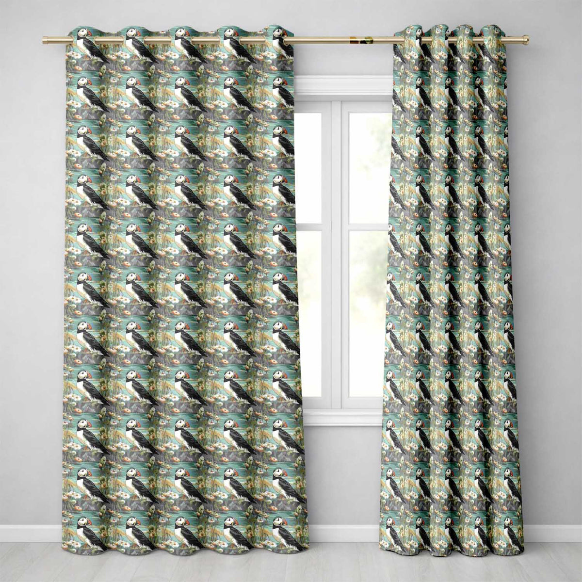 Puffin Coastal Landscape Pattern Scenic Nature Seamless Design Readymade Eyelet Ring Top Thermal 100% Blackout Curtains