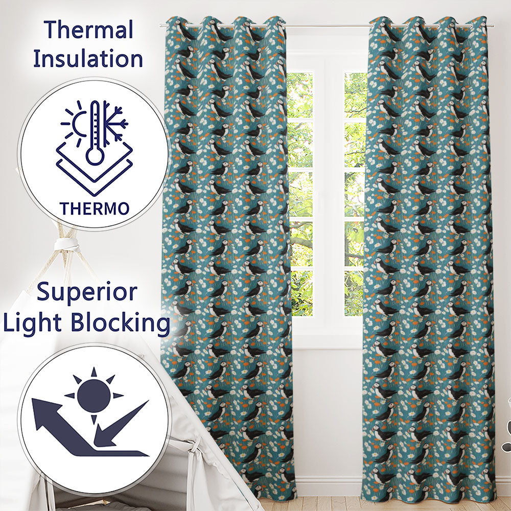 Colorful Puffin Bird and Wildflower Meadow Seamless Pattern Readymade Eyelet Ring Top Thermal 100% Blackout Curtains