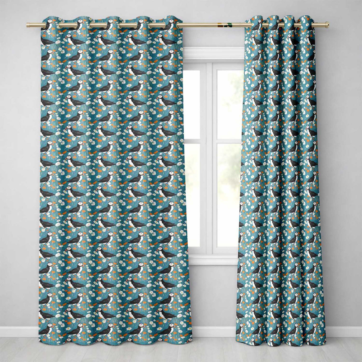 Colorful Puffin Bird and Wildflower Meadow Seamless Pattern Readymade Eyelet Ring Top Thermal 100% Blackout Curtains