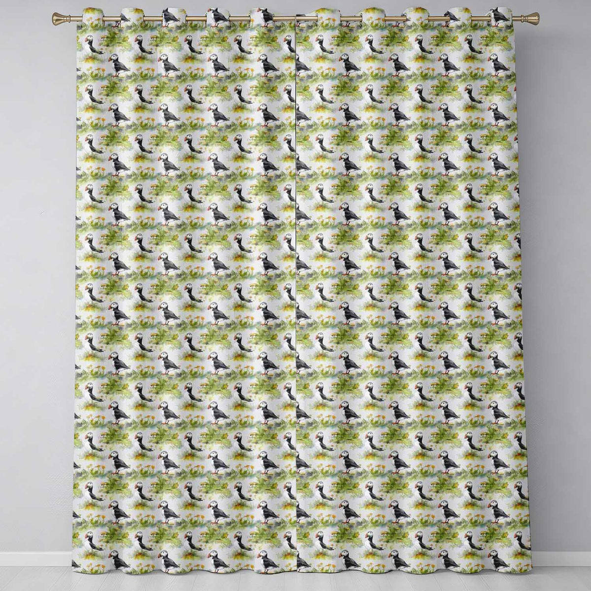 Watercolor Puffin Birds in Floral Meadow Garden Seamless Pattern Readymade Eyelet Ring Top Thermal 100% Blackout Curtains
