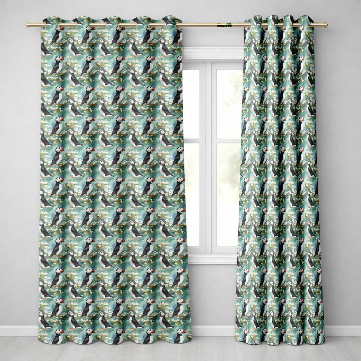 Soft Painterly Puffin Birds with Daisy Field Seamless Pattern Readymade Eyelet Ring Top Thermal 100% Blackout Curtains