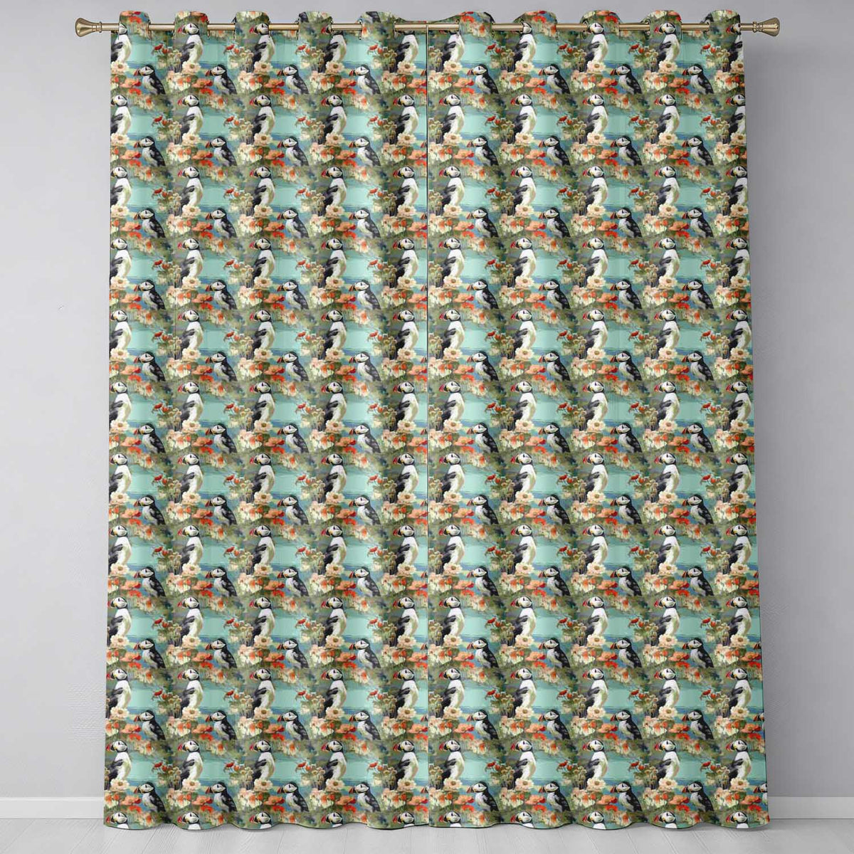 Vintage Style Puffin Birds with Floral Garden Seamless Pattern Readymade Eyelet Ring Top Thermal 100% Blackout Curtains