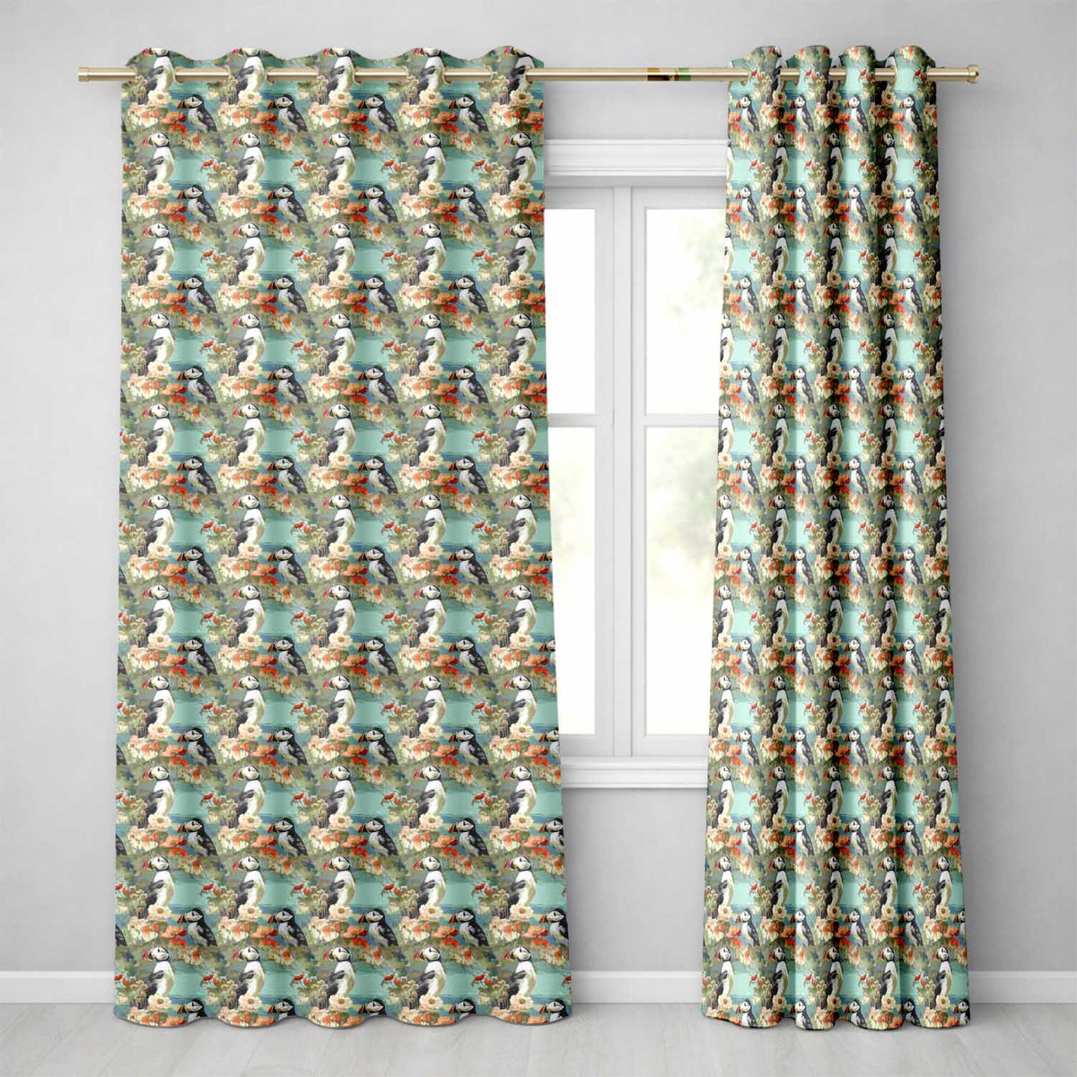 Vintage Style Puffin Birds with Floral Garden Seamless Pattern Readymade Eyelet Ring Top Thermal 100% Blackout Curtains
