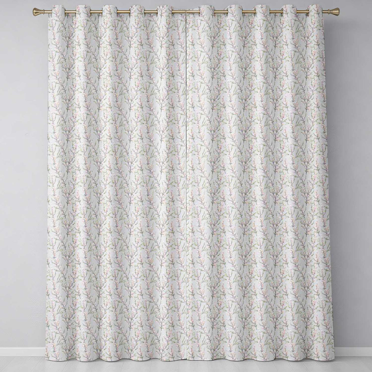 Delicate Pink Blossom Branches Seamless Floral Pattern Soft Sage Background Readymade Eyelet Ring Top Thermal 100% Blackout Curtains