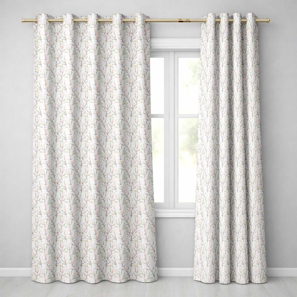Delicate Pink Blossom Branches Seamless Floral Pattern Soft Sage Background Readymade Eyelet Ring Top Thermal 100% Blackout Curtains