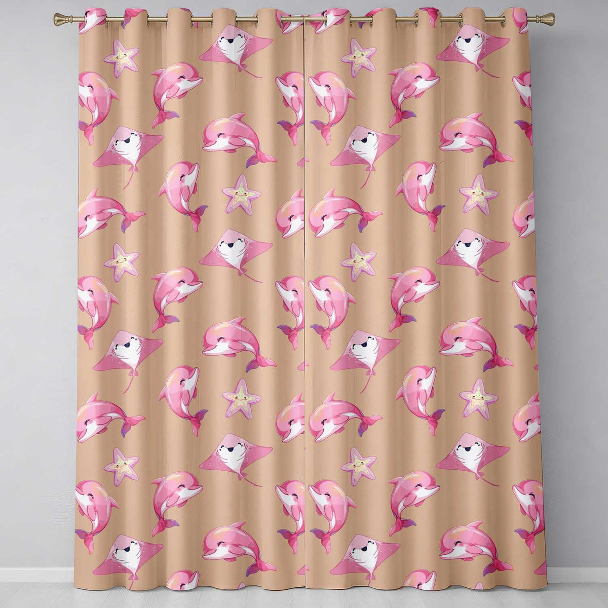 Cute Pink Dolphins and Starfish Seamless Ocean Pattern Peach Background Readymade Eyelet Ring Top Thermal 100% Blackout Curtains