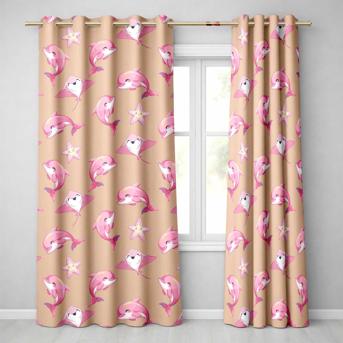 Cute Pink Dolphins and Starfish Seamless Ocean Pattern Peach Background Readymade Eyelet Ring Top Thermal 100% Blackout Curtains