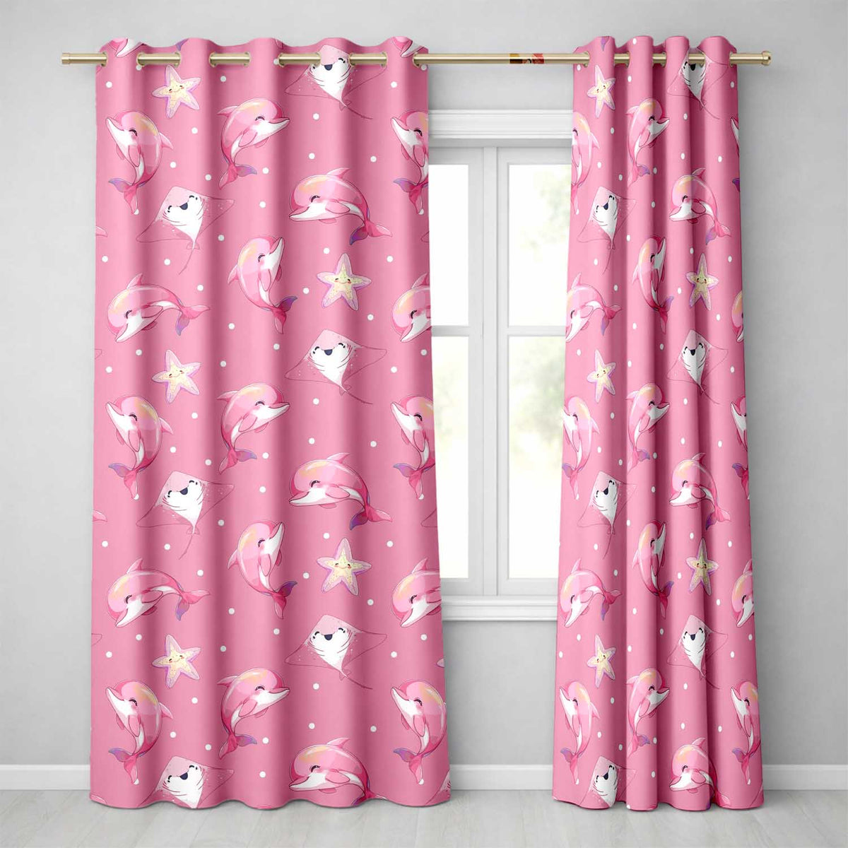 Cute Pink Dolphins and Starfish Seamless Ocean Pink Polka Dot Background Readymade Eyelet Ring Top Thermal 100% Blackout Curtains
