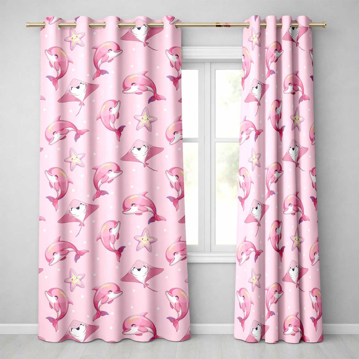 Cute Pink Dolphins and Starfish Ocean Soft Pink Polka Dot Background Readymade Eyelet Ring Top Thermal 100% Blackout Curtains