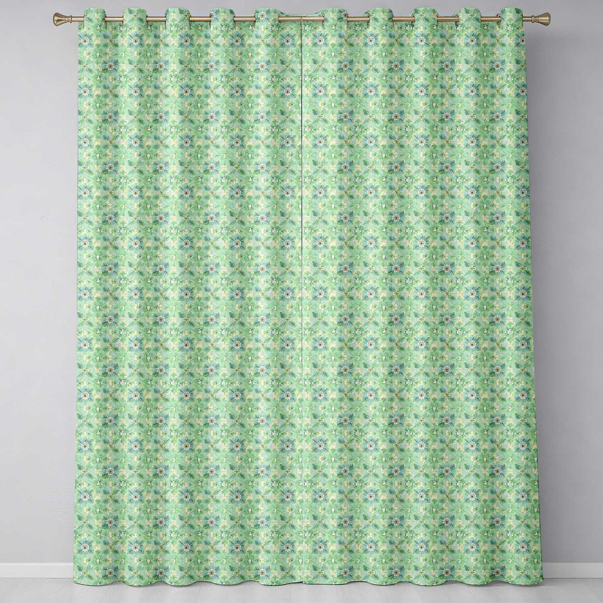 Elegant Green Floral Medallion Seamless Pattern Vintage Botanical Design Readymade Eyelet Ring Top Thermal 100% Blackout Curtains