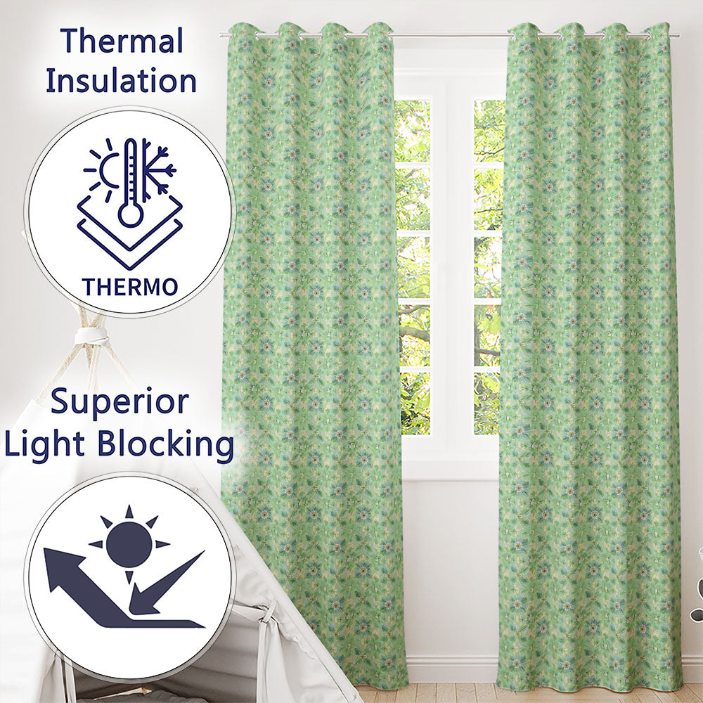 Elegant Green Floral Medallion Seamless Pattern Vintage Botanical Design Readymade Eyelet Ring Top Thermal 100% Blackout Curtains