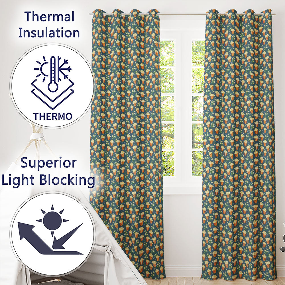 Popcorn Buckets and Flowers Cute Seamless Pattern Dark Teal Background Readymade Eyelet Ring Top Thermal 100% Blackout Curtains