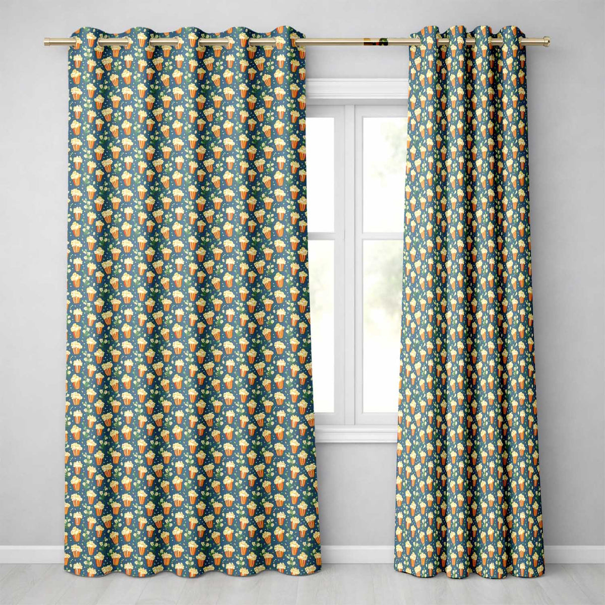 Popcorn Buckets and Flowers Cute Seamless Pattern Dark Teal Background Readymade Eyelet Ring Top Thermal 100% Blackout Curtains