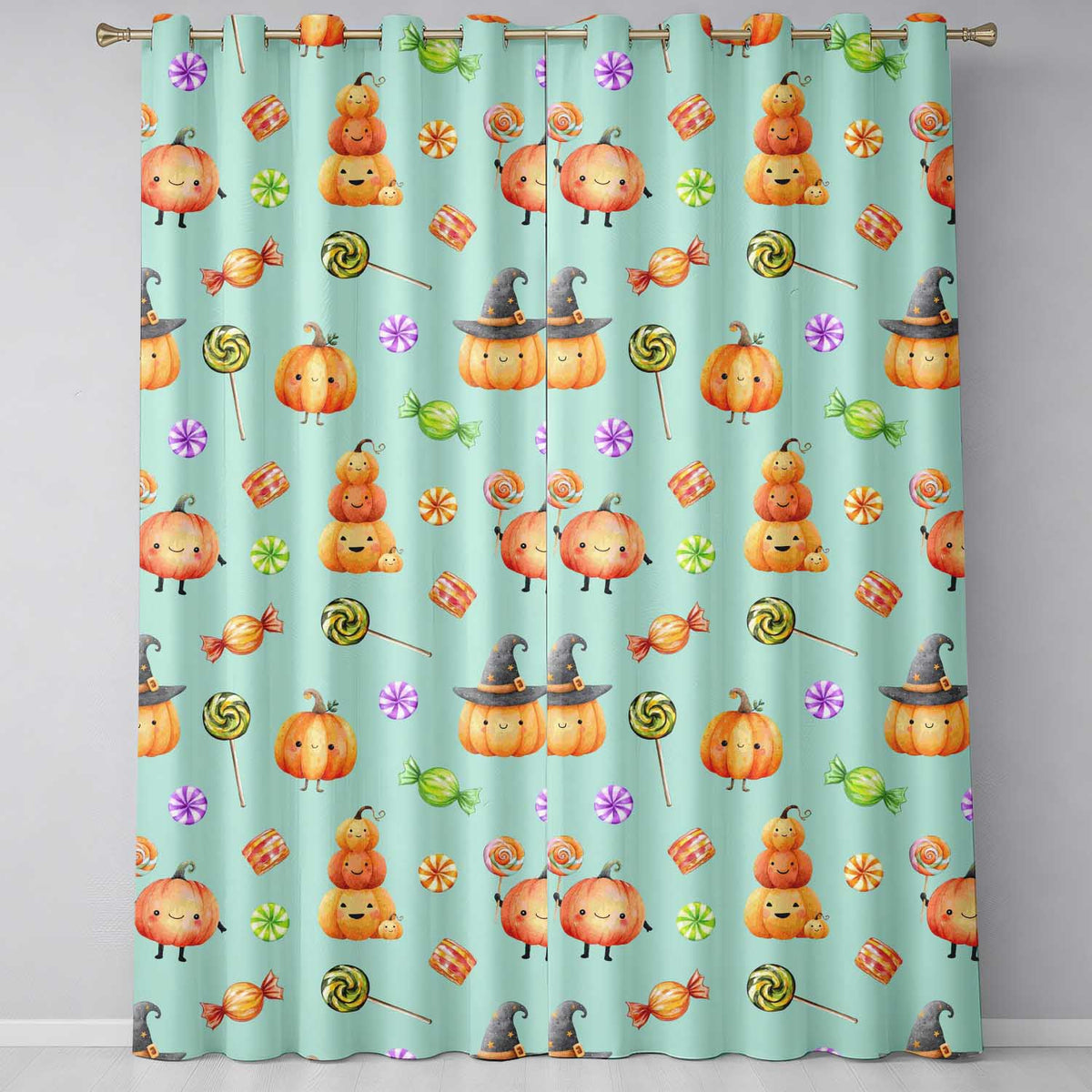 Cute Watercolor Pumpkins and Candy Sweets on Teal Green Background Readymade Eyelet Ring Top Thermal 100% Blackout Curtains